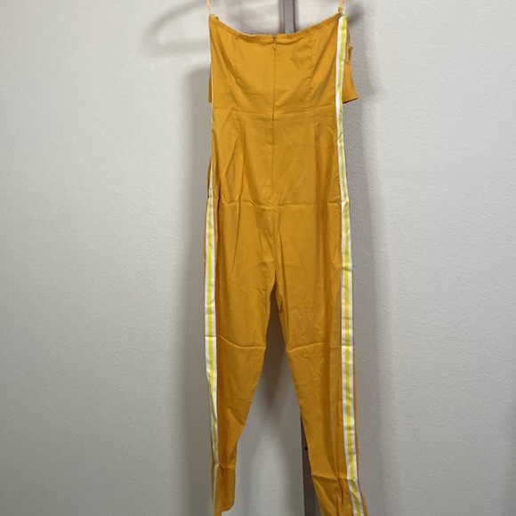 NWT UNIQ Mustard Yellow Strapless Ankle Lenght Jumpsuit Romper w/Side Stripes - Picture 8 of 10